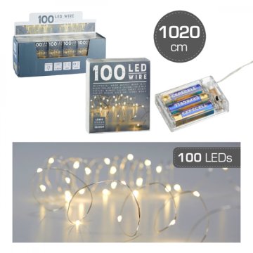 Lanț luminos micro, 100 LED, 1020cm, 3xAA, alb cald